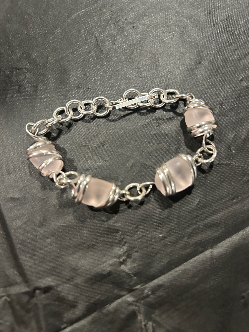 Silver Chain Bracelet with Pale Pink Beads 8inch